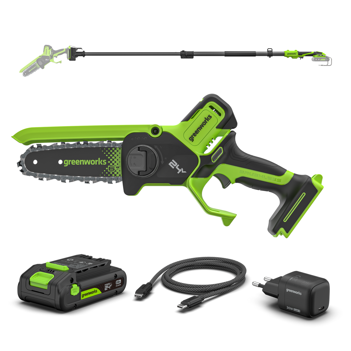 POWERALL 24V Mini-Kettensäge 15cm Gen. II mit Verlängerungsstab - 2Ah Akku