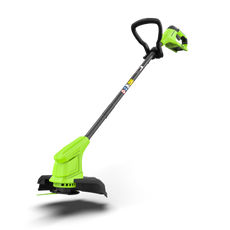 A Greenworks 24V grass trimmer with a black handle and green body, featuring a 25cm cutting width.