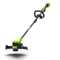 A black and green 24V grass trimmer with a 33cm cutting width, including a blade and line, powered by a 4Ah battery.