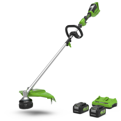 A green and black 24V grass trimmer with a 40cm cutting width and two batteries.
