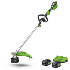 A green and black 24V grass trimmer with a 40cm cutting width and two batteries.