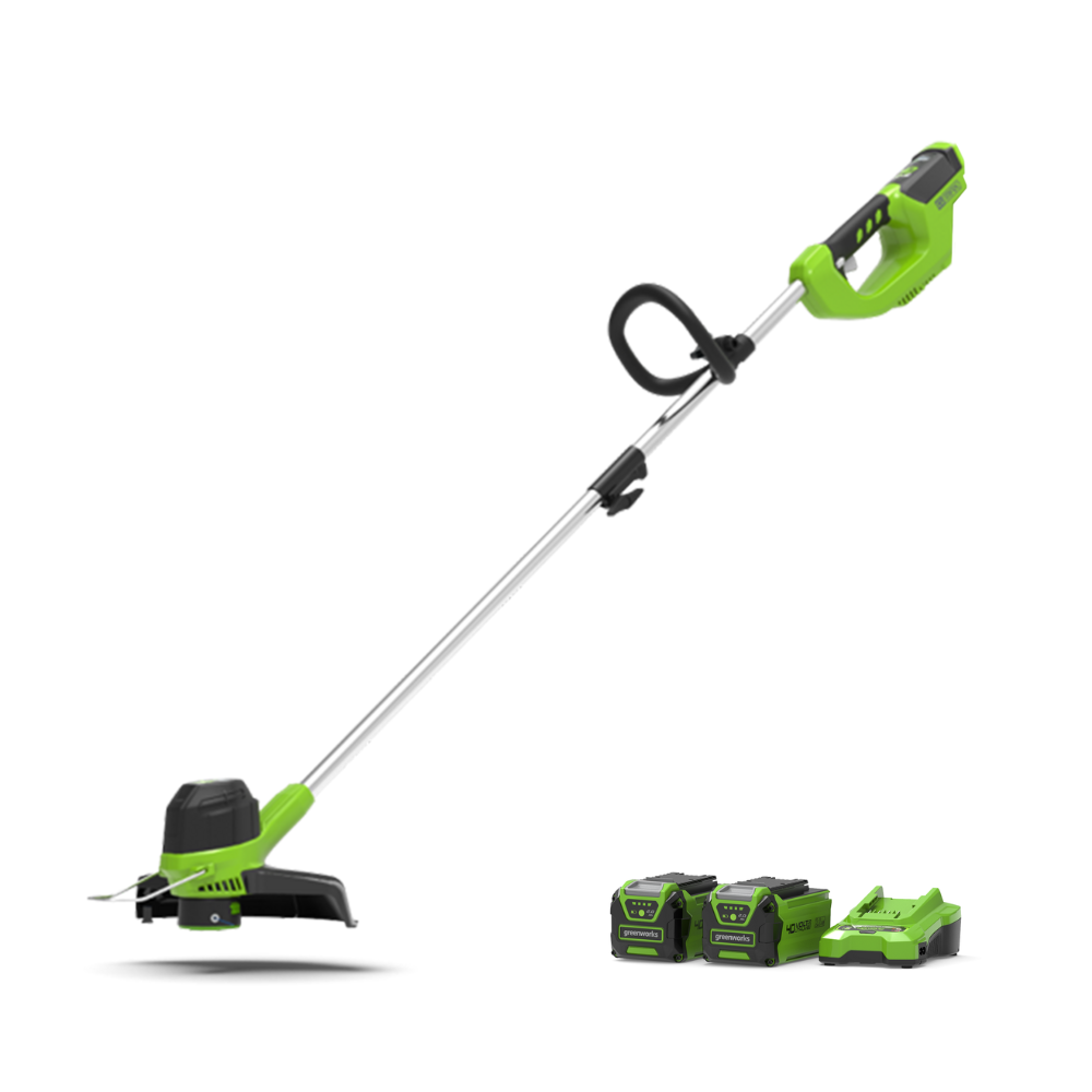 Green string trimmer with two batteries on a white background