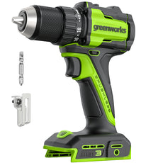 Greenworks cordless drill with accessories on a white background