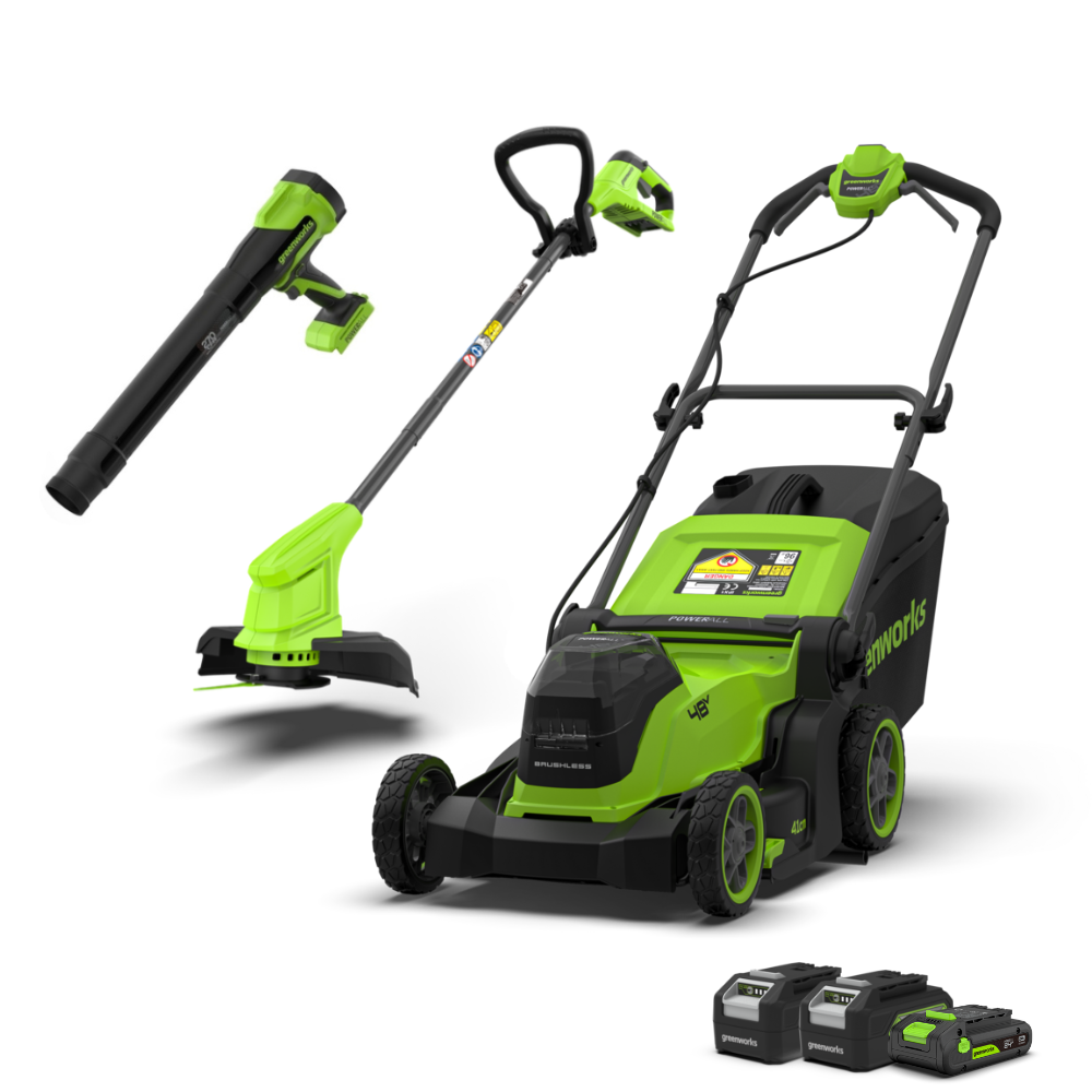 POWERALL 48V (24V x 2) Rasenmäher 41cm + 24V Rasentrimmer 25cm + 24V Laubbläser 209 km/h Set