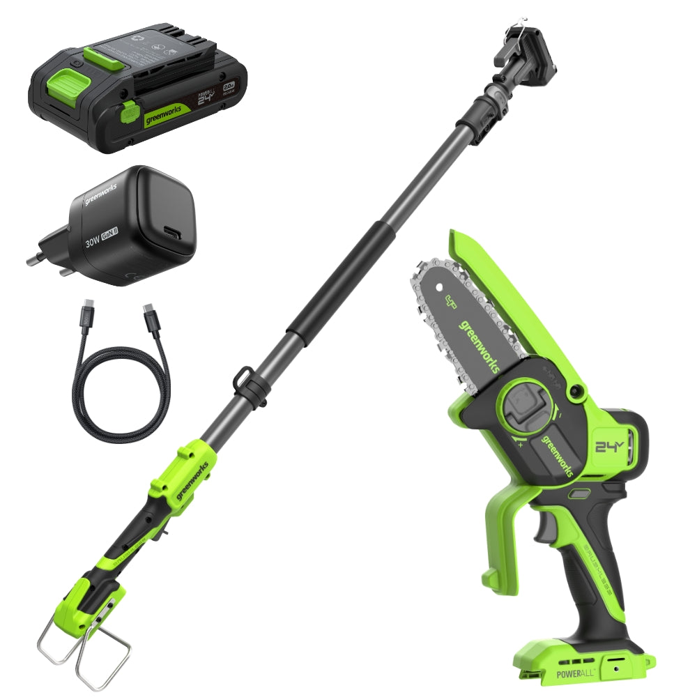 POWERALL 24V Mini-Kettensäge 10cm Gen. II mit Verlängerungsstab - 2Ah Akku