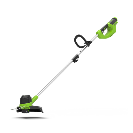 A green and black Greenworks 40V grass trimmer with a 30 cm cutting width.