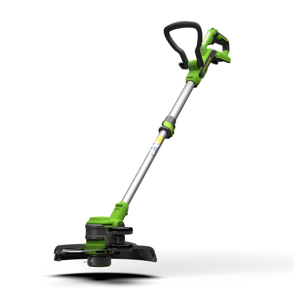 A green and black Greenworks 40V trimmer and edger with a 33cm cutting width.