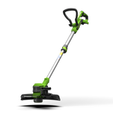 A green and black Greenworks 40V trimmer and edger with a 33cm cutting width.