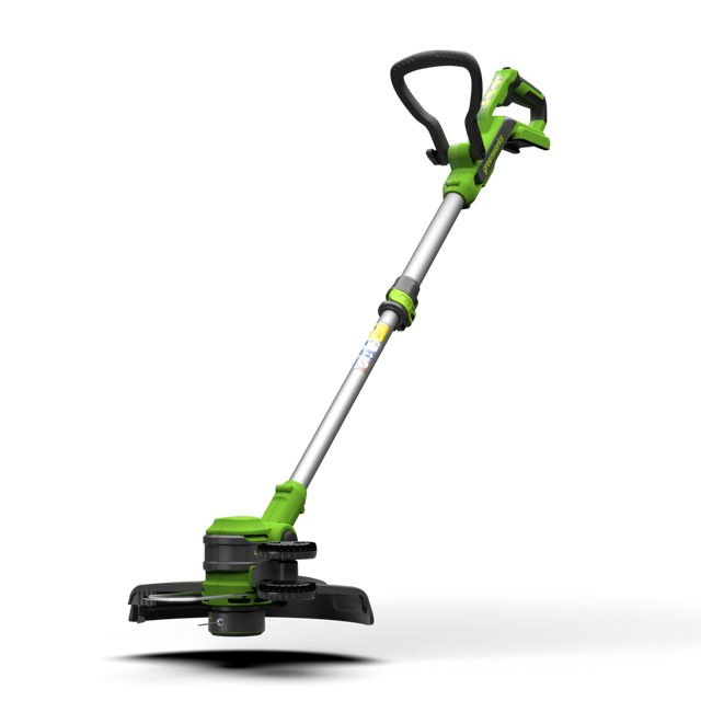 A green and black Greenworks 40V trimmer and edger with a 33cm cutting width.