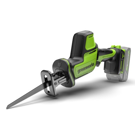 Greenworks cordless reciprocating saw on a white background