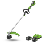 A green and black 24V grass trimmer with a 40cm cutting width and two batteries.